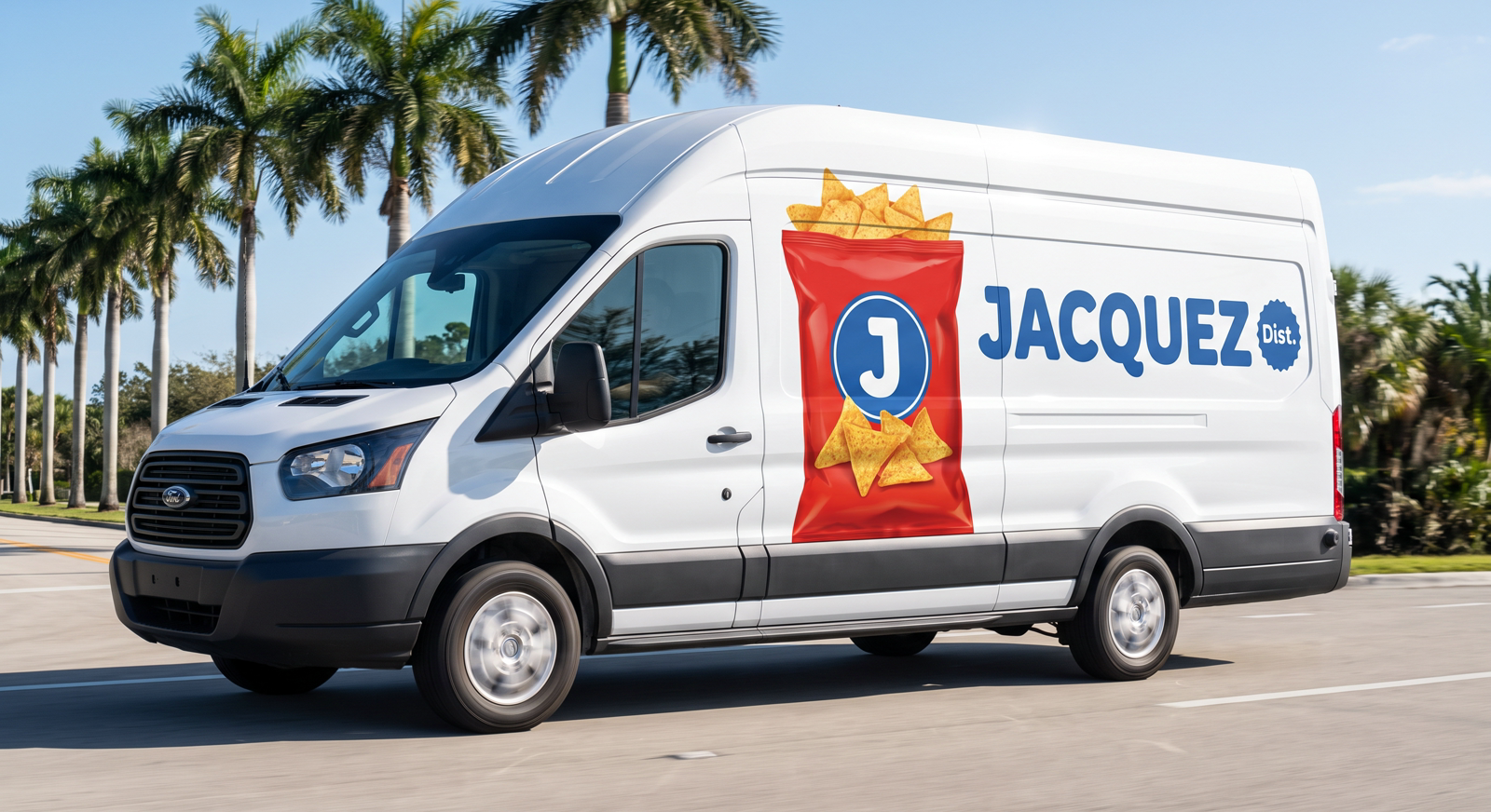 Jacquez Distributors delivery van on a Central Florida road