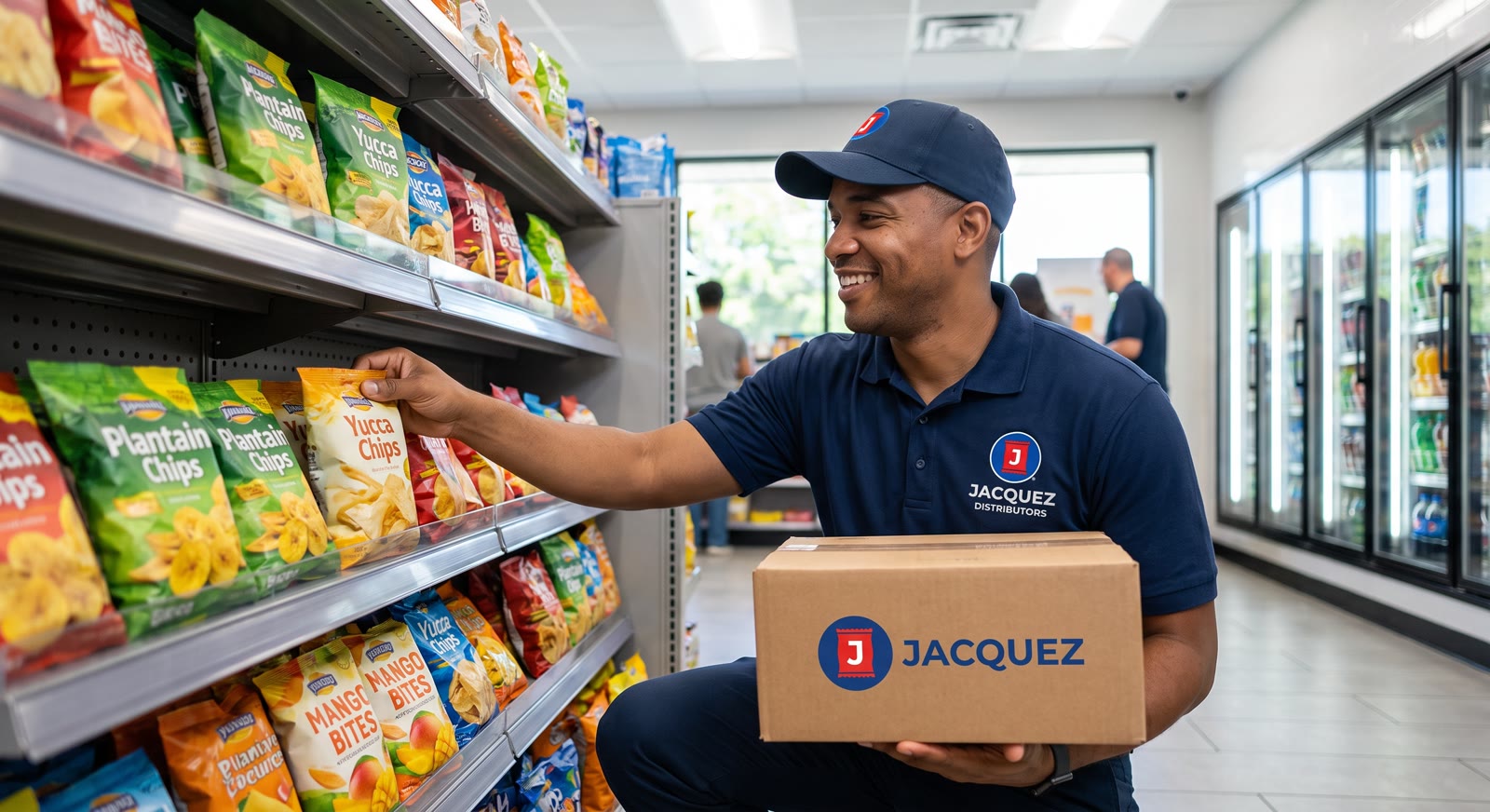 Jacquez route sales representative restocking a convenience-store shelf